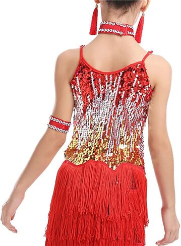 Hotfiary Kids Sparkly Sequins Dance Dress Girls Sleeveless Spaghetti Fringe Skirt Latin Rumba Samba Performance Dancewear in Saudi Arabia