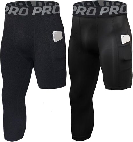 LANDUNSI 2 Pack One Leg Compression Tights for Basketball Mens 3/4 Capri Leggings Athletic Base Layer for Sports Running in Kuwait