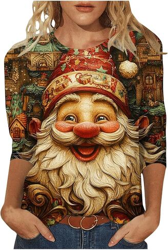 قمصان عيد ميلاد سعيد للنساء 2025 عطلة عيد الميلاد مطبوعة 3/4 كم بلوزات عادية لطيف جرافيك Crewneck تونك القمم in Saudi Arabia