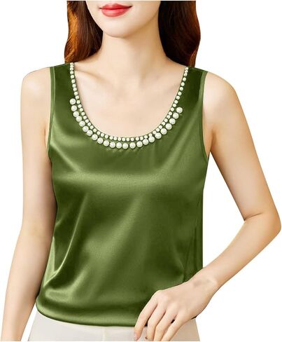 Women Silk Satin Tank Tops Elegant Round Neck Pearl Beads Sleeveless Tunic Top Summer Basic Blouse 2025 in Saudi Arabia