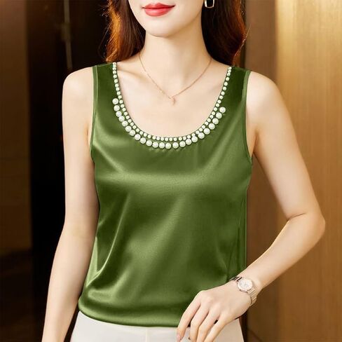 Women Silk Satin Tank Tops Elegant Round Neck Pearl Beads Sleeveless Tunic Top Summer Basic Blouse 2025 in Saudi Arabia