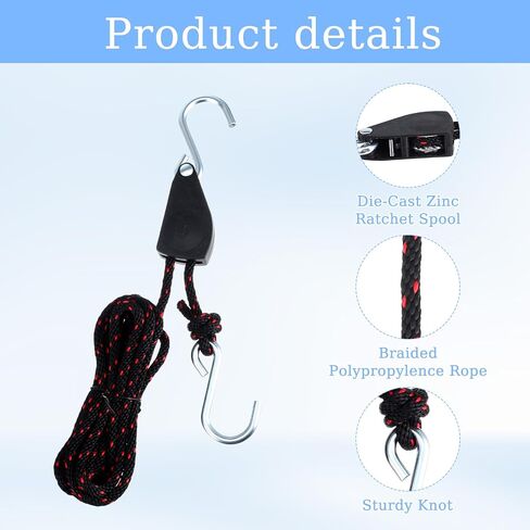 6 Pack Kayak Rope Tie Downs Ratchet Straps, 1/4" x 11.8ft Kayak-Ratchet-Ties Downs Canoe Bow and Stern Ties Down Straps, Heavy Duty Adjustable Rope Clip Tie Down Kayak and Canoe Accessories in Saudi Arabia