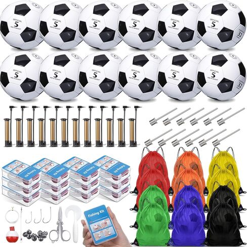 Soulchen 36 Pack Operation Christmas Item Bulk Include 12 Set Deflated Size 5 Soccer Balls with Pumps 12 Set Mini Fishing Kits 12 Drawstring Backpack for Christian Charity Donation Gifts in Saudi Arabia