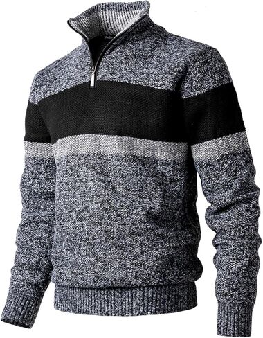 Men's Quarter Zip Sweater Knitted Pullover Long Sleeve Stripe Jumper Sweatshirt in Saudi Arabia