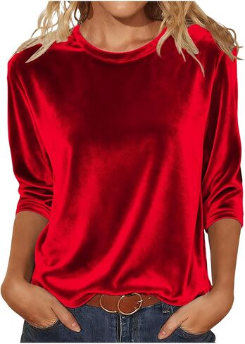 Women Velvet Long Sleeve Tunic Tops Crewneck 3/4 Sleeve Trendy Velour Pullover Tops Party Shirts Vintage Sweatshirt in Saudi Arabia