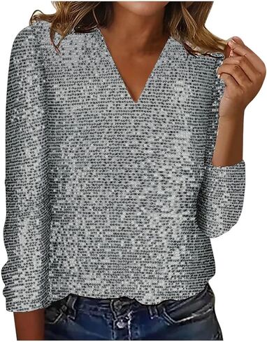Women Long Sleeve Glitter Sequins Tops Shimmer Disco Concert Night Cocktail Party Sparkling Shiny Club V Neck Outfits in Saudi Arabia