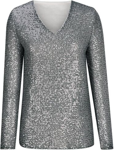 Women Long Sleeve Glitter Sequins Tops Shimmer Disco Concert Night Cocktail Party Sparkling Shiny Club V Neck Outfits in Saudi Arabia
