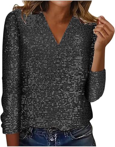 Women Long Sleeve Glitter Sequins Tops Shimmer Disco Concert Night Cocktail Party Sparkling Shiny Club V Neck Outfits in Saudi Arabia