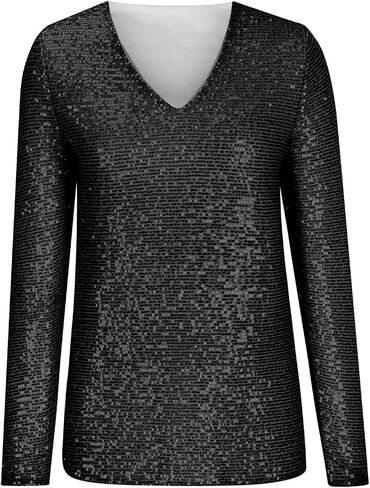 Women Long Sleeve Glitter Sequins Tops Shimmer Disco Concert Night Cocktail Party Sparkling Shiny Club V Neck Outfits in Saudi Arabia
