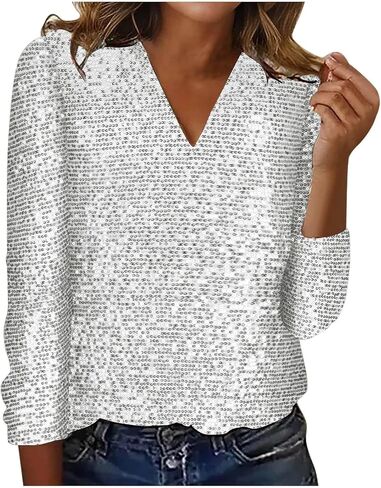 Women Long Sleeve Glitter Sequins Tops Shimmer Disco Concert Night Cocktail Party Sparkling Shiny Club V Neck Outfits in Saudi Arabia