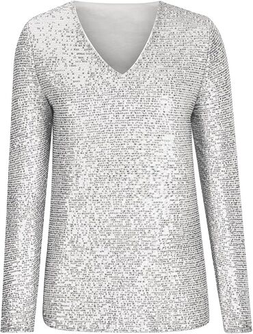 Women Long Sleeve Glitter Sequins Tops Shimmer Disco Concert Night Cocktail Party Sparkling Shiny Club V Neck Outfits in Saudi Arabia