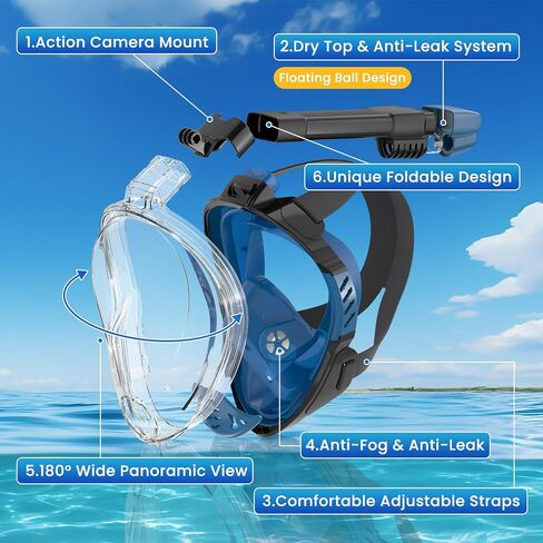 Full Face Snorkel Mask, Snorkeling Gear for Adults, Scuba Mask Diving Dry Top Snorkel Gear with Detachable Camera Mount, 180° Panoramic View Anti-Leak Anti-Fog Travel Package in Saudi Arabia