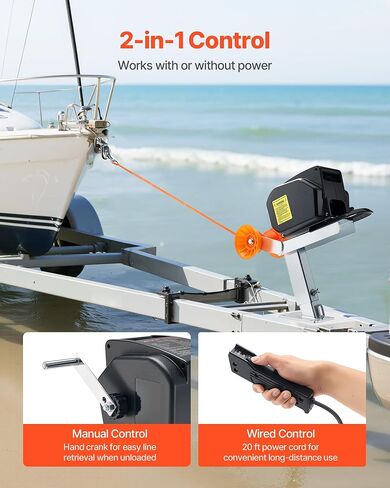 VEVOR Electric Boat Winch, 12V DC 300W, Reversible Electric Trailer Winch for Boats Up to 2000 lbs, Power-in, Power-Out, and Freewheel Operations for Boats with Wired Remote Control & Hand Crank in Kuwait