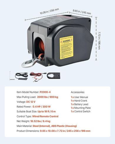 VEVOR Electric Boat Winch, 12V DC 300W, Reversible Electric Trailer Winch for Boats Up to 2000 lbs, Power-in, Power-Out, and Freewheel Operations for Boats with Wired Remote Control & Hand Crank in Kuwait