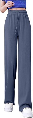 سراويل نسائية فضفاضة غير رسمية واسعة الساق عالية الخصر برباط فضفاض تناسب Sweatpants مريح فلوي بلون بنطلون in Saudi Arabia