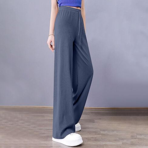 سراويل نسائية فضفاضة غير رسمية واسعة الساق عالية الخصر برباط فضفاض تناسب Sweatpants مريح فلوي بلون بنطلون in Saudi Arabia