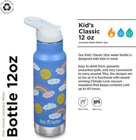 زجاجة مياه كلاسيكية معزولة للأطفال من Klean Kanteen سعة 12 أونصة مع غطاء رياضي قابل للغلق - غطاء مانع للتسرب بنسبة 100% - خالية من مادة BPA - مادة من الفولاذ المقاوم للصدأ - تزلج دينو in Saudi Arabia