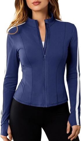 Fisoew Women's Zip Up Workout Jackets Lightweight Contrast Colors Long Sleeve Gym Shirts Athletic Tops With Thumb Holes in Kuwait