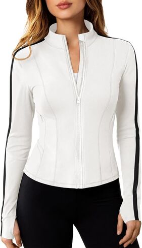 Fisoew Women's Zip Up Workout Jackets Lightweight Contrast Colors Long Sleeve Gym Shirts Athletic Tops With Thumb Holes in Kuwait