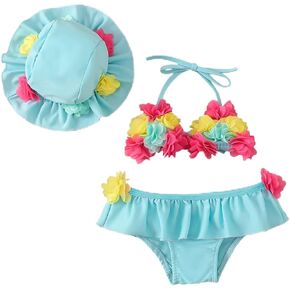 Infant Baby Girl Swimsuit 3D Flower Halter Triangle Top Bikini Bottom Set with Sun Hat 3Pcs Bathing Suit 0-24M in Saudi Arabia