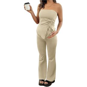SweatyRocks Women's 2 Piece Maternity Outfits Ruched Asymmetrical Tube Tops and Wide Leg Pants Sets in Saudi Arabia