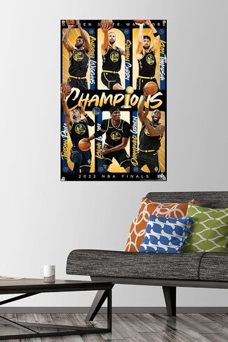 Trends International NBA Golden State Warriors - ملصق حائط تذكاري لأبطال نهائيات الدوري الاميركي للمحترفين لعام 2022 مع دبابيس بوش in Saudi Arabia