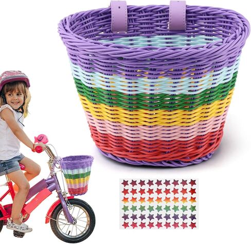 Bike Basket Kids Front, Rainbow Hand-Woven Bicycle Front Basket, Multi-Color Boys Girls Front Bicycle Baske-t Tricycle Cruiser Bikes & Folding Bike Basket for Kids Adults in Kuwait