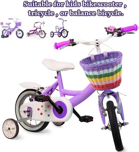 Bike Basket Kids Front, Rainbow Hand-Woven Bicycle Front Basket, Multi-Color Boys Girls Front Bicycle Baske-t Tricycle Cruiser Bikes & Folding Bike Basket for Kids Adults in Kuwait