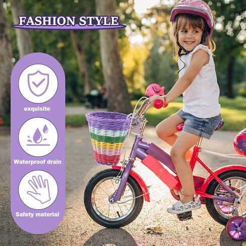 Bike Basket Kids Front, Rainbow Hand-Woven Bicycle Front Basket, Multi-Color Boys Girls Front Bicycle Baske-t Tricycle Cruiser Bikes & Folding Bike Basket for Kids Adults in Kuwait
