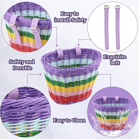 Bike Basket Kids Front, Rainbow Hand-Woven Bicycle Front Basket, Multi-Color Boys Girls Front Bicycle Baske-t Tricycle Cruiser Bikes & Folding Bike Basket for Kids Adults in Kuwait