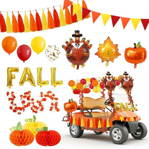 Fall 87Pcs Thanksgiving Golf Cart Decorations Kit Pumpkin Honeycomb Maple Leaf Garland Pennant Banner Paper Tassel Balloon for Autumn Harvest Party Decor in Saudi Arabia
