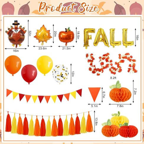 Fall 87Pcs Thanksgiving Golf Cart Decorations Kit Pumpkin Honeycomb Maple Leaf Garland Pennant Banner Paper Tassel Balloon for Autumn Harvest Party Decor in Saudi Arabia