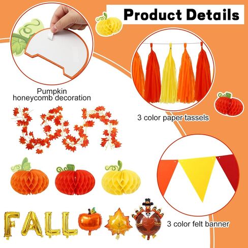 Fall 87Pcs Thanksgiving Golf Cart Decorations Kit Pumpkin Honeycomb Maple Leaf Garland Pennant Banner Paper Tassel Balloon for Autumn Harvest Party Decor in Saudi Arabia