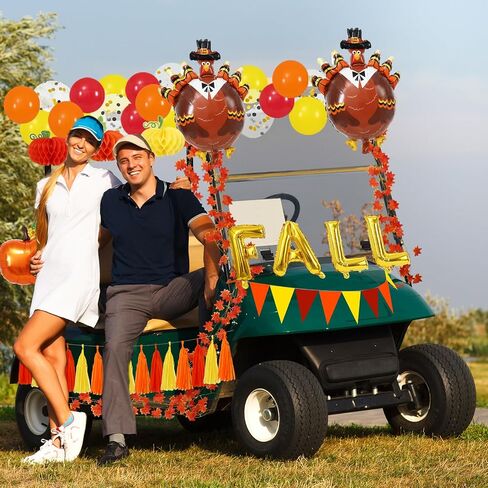 Fall 87Pcs Thanksgiving Golf Cart Decorations Kit Pumpkin Honeycomb Maple Leaf Garland Pennant Banner Paper Tassel Balloon for Autumn Harvest Party Decor in Saudi Arabia