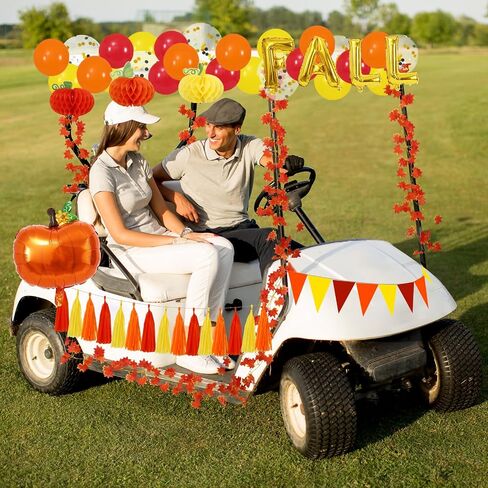 Fall 87Pcs Thanksgiving Golf Cart Decorations Kit Pumpkin Honeycomb Maple Leaf Garland Pennant Banner Paper Tassel Balloon for Autumn Harvest Party Decor in Saudi Arabia