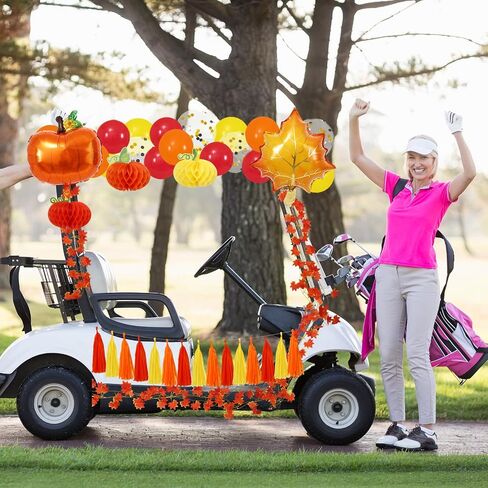 Fall 87Pcs Thanksgiving Golf Cart Decorations Kit Pumpkin Honeycomb Maple Leaf Garland Pennant Banner Paper Tassel Balloon for Autumn Harvest Party Decor in Saudi Arabia
