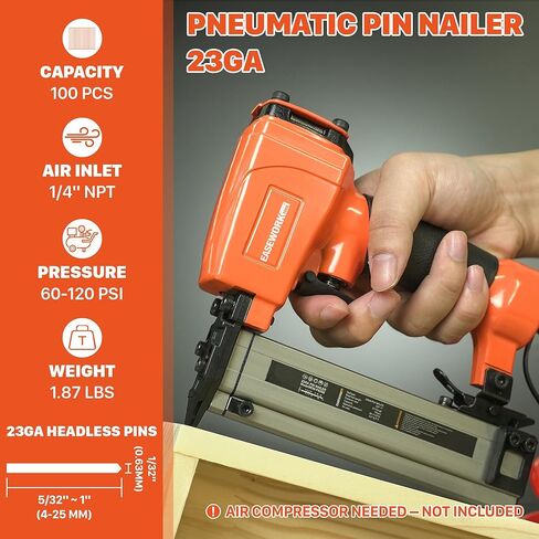 EASEWORK TOOL Pin Nailer 23 مقياس، مسدس أظافر دبوس هوائي لأظافر دبوس 5/32 بوصة إلى 1 بوصة، دبوس صغير بدون رأس يخلق ثقوب غير مرئية، عمر خدمة طويل للغاية، للخزانة، تقليم صغير، قولبة دقيقة، DIY in Kuwait