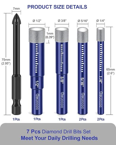 مجموعة لقم الثقب الماسية 7 قطع لبلاط البورسلين والحجر والزجاج والسيراميك، لقم الثقب للبلاط متعددة الأغراض للحفر السريع، ساق مستديرة in Kuwait