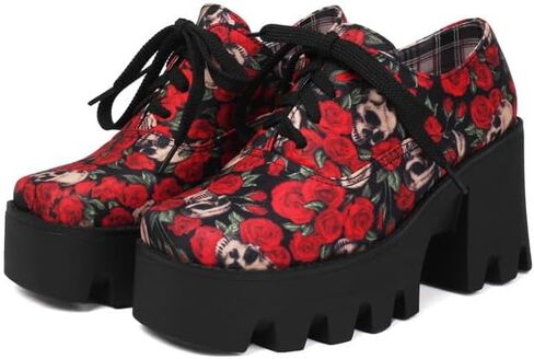 Women's Floral Pattern Lace Up Lug Sole Oxfords Square Toe Closed Platform Block Chunky High Heels Pumps Fashion Roses Skull Print Evening Party Prom Dress Shoes in Saudi Arabia