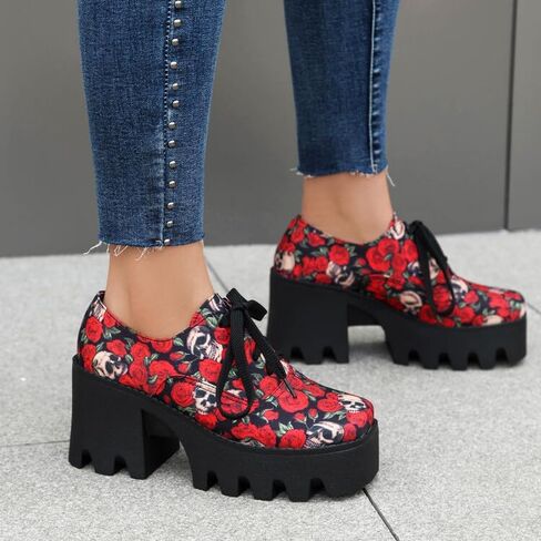 Women's Floral Pattern Lace Up Lug Sole Oxfords Square Toe Closed Platform Block Chunky High Heels Pumps Fashion Roses Skull Print Evening Party Prom Dress Shoes in Saudi Arabia