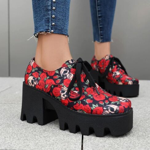 Women's Floral Pattern Lace Up Lug Sole Oxfords Square Toe Closed Platform Block Chunky High Heels Pumps Fashion Roses Skull Print Evening Party Prom Dress Shoes in Saudi Arabia
