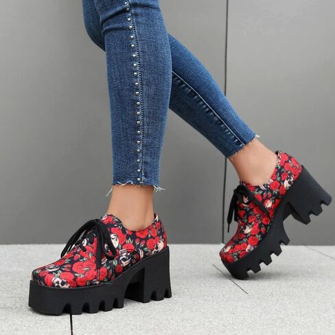 Women's Floral Pattern Lace Up Lug Sole Oxfords Square Toe Closed Platform Block Chunky High Heels Pumps Fashion Roses Skull Print Evening Party Prom Dress Shoes in Saudi Arabia