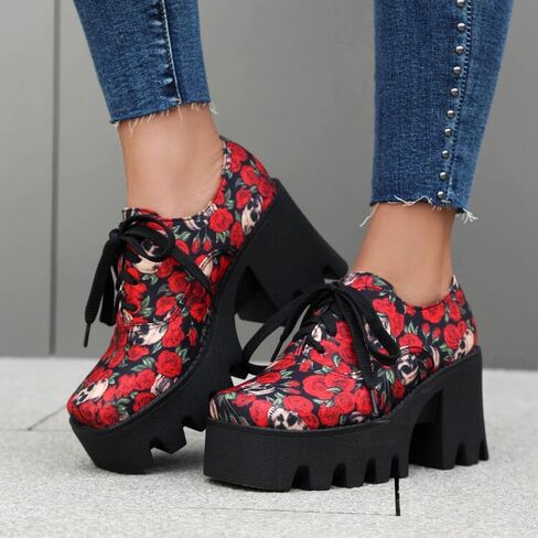 Women's Floral Pattern Lace Up Lug Sole Oxfords Square Toe Closed Platform Block Chunky High Heels Pumps Fashion Roses Skull Print Evening Party Prom Dress Shoes in Saudi Arabia
