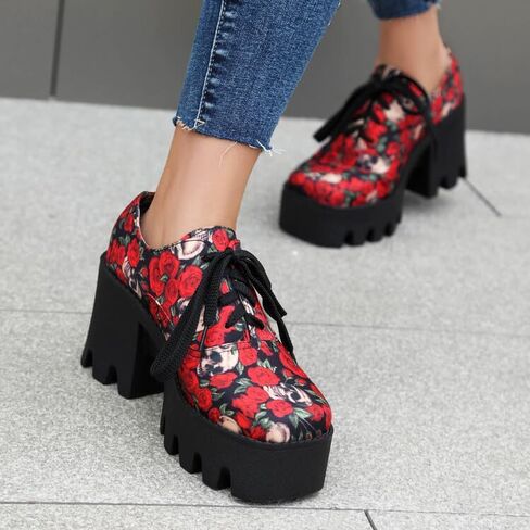 Women's Floral Pattern Lace Up Lug Sole Oxfords Square Toe Closed Platform Block Chunky High Heels Pumps Fashion Roses Skull Print Evening Party Prom Dress Shoes in Saudi Arabia