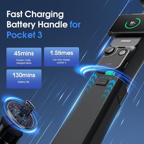 Battery Handle Compatible with DJI Osmo Pocket 3, Portable osmo Pocket 3 Battery Handle, Compatible with External Audio Devices, Data Transfer Function, Intelligent Indicator Light, 1/4" Thread(1pcs) in Kuwait