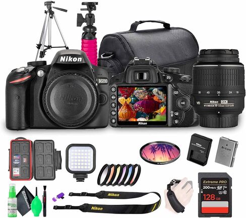 طقم كاميرا Nikon D3200 بدقة 24.2 ميجابكسل DSLR مع عدسة تكبير VR مقاس 18-55 مم - التقاط فيديو عالي الدقة 1080 بكسل، نظام تركيز تلقائي سريع من 11 نقطة + حامل ثلاثي القوائم مقاس 72 بوصة + بطاقة ذاكرة سعة 128 جيجابايت + حقيبة كاميرا + ضوء LED + المزيد in Kuwait