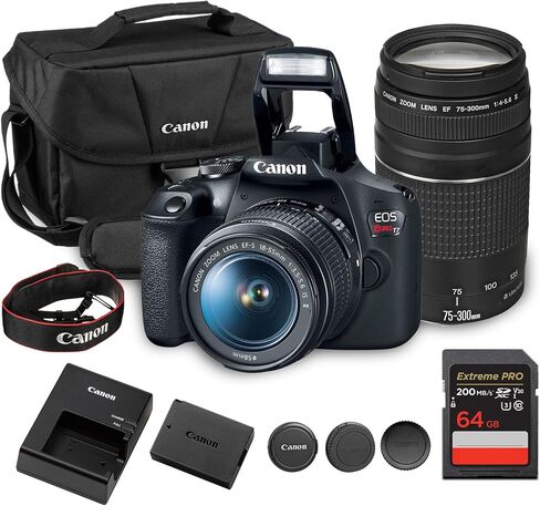 Canon EOS Rebel T7 DSLR Camera Kit | 24.1MP APS-C Sensor with EF-S 18-55mm & 75-300mm Lenses | Full HD 1080p Video Compact Beginner-Friendly Photography (2727C002) + Bag + 64GB Card in Saudi Arabia