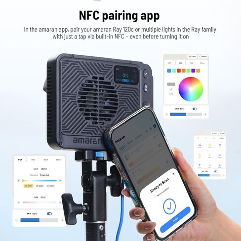 amaran Ray 120c RGB Video Light، 120W Portable Studio Light IP54، CCT 1,800K-20,000K، أضواء LED للتحكم في التطبيق Bowens Mount للتصوير الفوتوغرافي مع حقيبة Softbox المحمولة (Ray 120c) in Kuwait