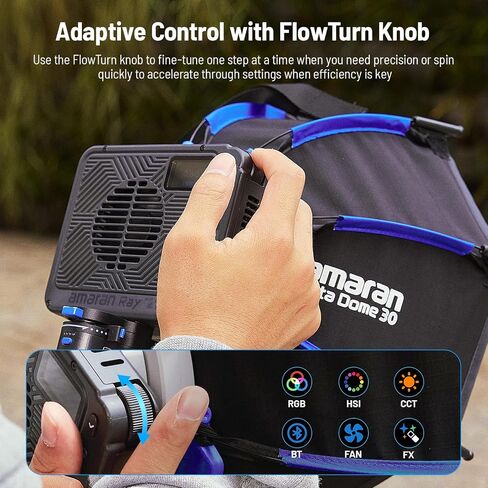 amaran Ray 120c RGB Video Light، 120W Portable Studio Light IP54، CCT 1,800K-20,000K، أضواء LED للتحكم في التطبيق Bowens Mount للتصوير الفوتوغرافي مع حقيبة Softbox المحمولة (Ray 120c) in Kuwait
