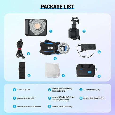 amaran Ray 120c RGB Video Light، 120W Portable Studio Light IP54، CCT 1,800K-20,000K، أضواء LED للتحكم في التطبيق Bowens Mount للتصوير الفوتوغرافي مع حقيبة Softbox المحمولة (Ray 120c) in Kuwait